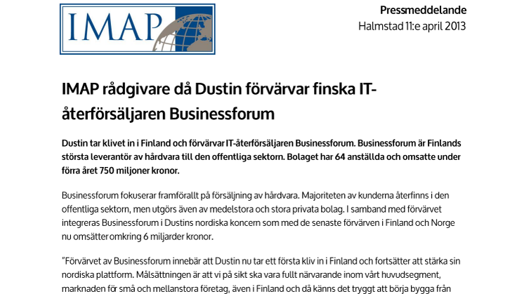 IMAP rådgivare då Dustin förvärvar finska IT-återförsäljaren Businessforum