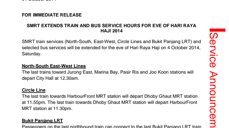 SMRT Extends Train and Bus Service Hours for Eve of Hari Raya Haji 2014