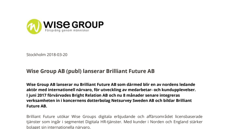 Wise Group AB (publ) lanserar Brilliant Future AB