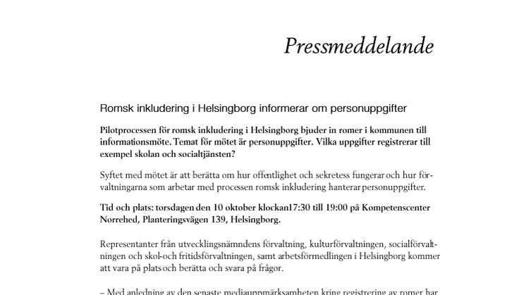 Romsk inkludering i Helsingborg informerar om personuppgifter