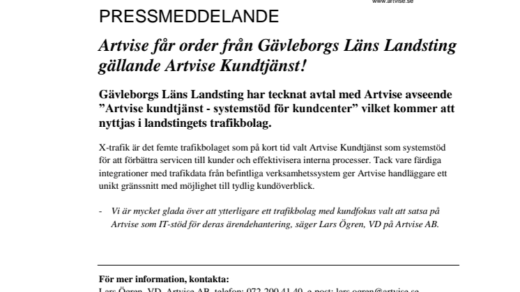 Artvise får order från Gävleborgs Läns Landsting gällande Artvise Kundtjänst!
