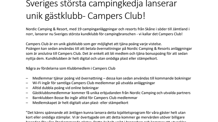 Sveriges största campingkedja lanserar unik gästklubb - Campers Club