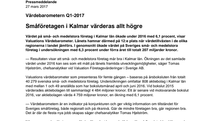 Värdebarometern Q1-2017 Kalmar Län