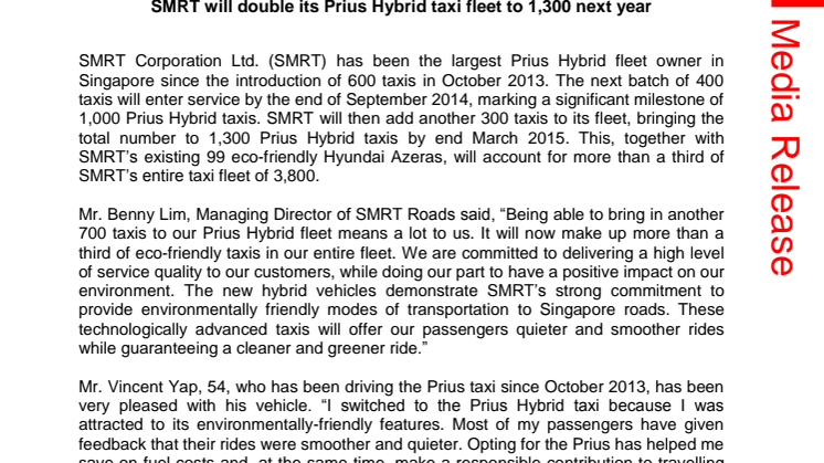 SMRT will double its Prius Hybrid taxi fleet to 1,300 next year