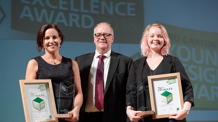 Marie Falk t.v. Mats Olsson i mitten och Erika Svensson t.h. Foto från Pro Carton Young Designers Award 2018