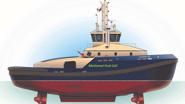 Design rendering of Svitzer's upcoming methanol hybrid fuel cell tug. Image: Svitzer.