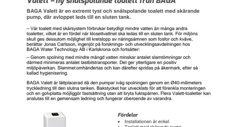  Valett – ny snålspolande toalett från BAGA