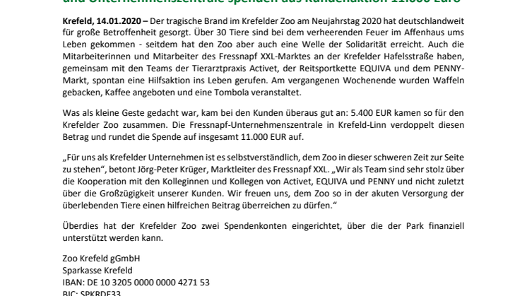 „Nachbarschaftshilfe“ für den Krefelder Zoo: Fressnapf XXL Krefeld und Unternehmenszentrale spenden aus Kundenaktion 11.000 Euro