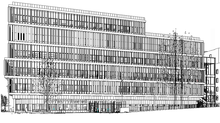 Syntolkning: Svart-vit illustration av sjukhusfasad med sex våningar glasfönster.