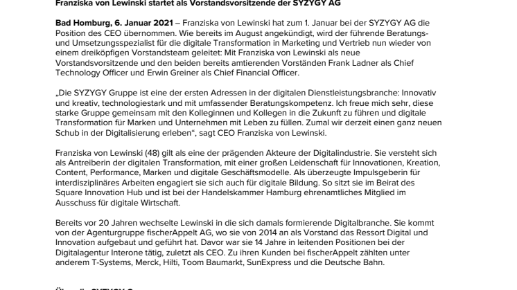 Franziska von Lewinski startet als Vorstandsvorsitzende der SYZYGY AG 