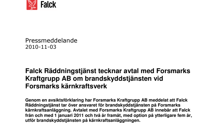 Falck Räddningstjänst tecknar avtal med Forsmarks Kraftgrupp AB om brandskyddstjänsten vid Forsmarks kärnkraftverk