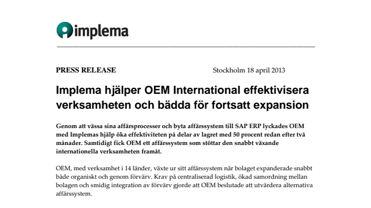 Implema hjälper OEM International effektivisera verksamheten och bädda för fortsatt expansion