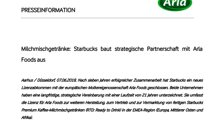 Milchmischgetränke: Starbucks baut strategische Partnerschaft mit Arla Foods aus
