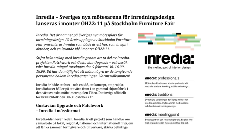 Inredia - nytt centrum för inredningsdesign - lanseras på Stockholm Furniture Fair 
