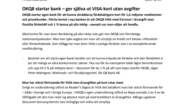 OKQ8 startar bank – ger själva ut VISA-kort utan avgifter 