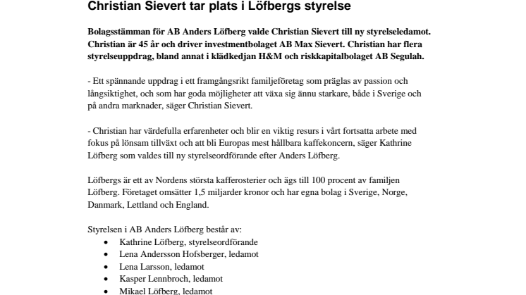 Christian Sievert tar plats i Löfbergs styrelse