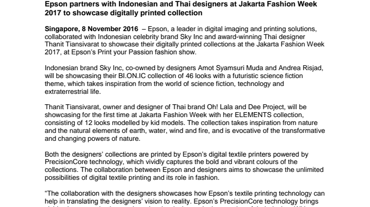 Epson partners with Indonesian and Thai designers at Jakarta Fashion Week 2017 to showcase digitally printed collection