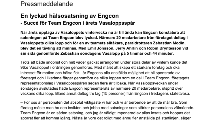 En lyckad hälsosatsning av Engcon - succé för Team Engcon i årets Vasaloppsspår