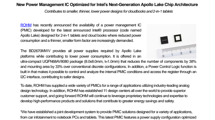 New Power Management IC Optimized for Intel’s Next-Generation Apollo Lake Chip Architecture ---Contributes to smaller, thinner, lower power designs for cloudbooks and 2-in-1 tablets