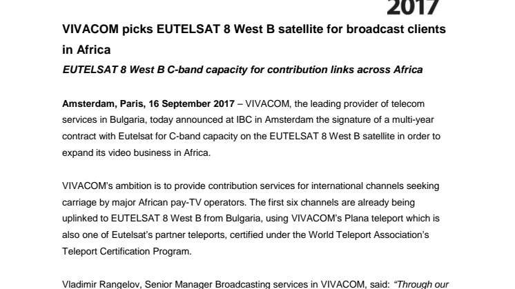 VIVACOM picks EUTELSAT 8 West B satellite for broadcast clients in Africa