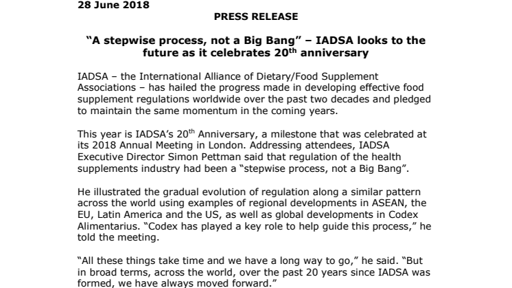 PRESS RELEASE  – “A stepwise process, not a Big Bang” – IADSA looks to the future as it celebrates 20th anniversary