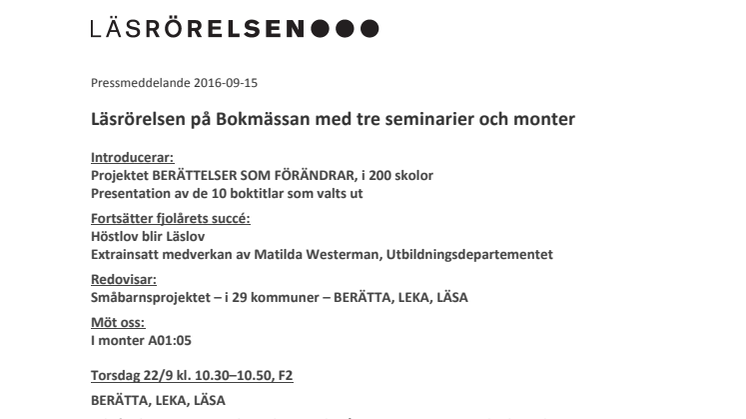 Läsrörelsen på Bokmässan med tre seminarier och monter