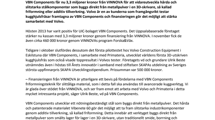 VBN Components får 3,3 mkr från VINNOVA