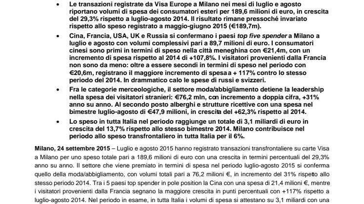 Milano ed EXPO 2015 – la spesa dei consumatori esteri a luglio e agosto 2015 a quota €189,6 milioni su carte Visa, in crescita del 29,3% rispetto allo stesso periodo del 2014