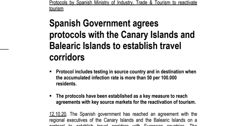 Spanish Government agrees protocols with the Canary Islands and Balearic Islands to establish travel corridors  