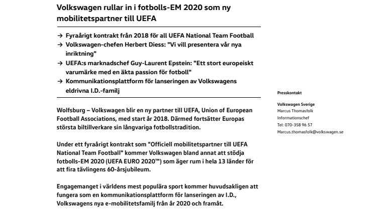 Volkswagen rullar in i fotbolls-EM 2020 som ny mobilitetspartner till UEFA