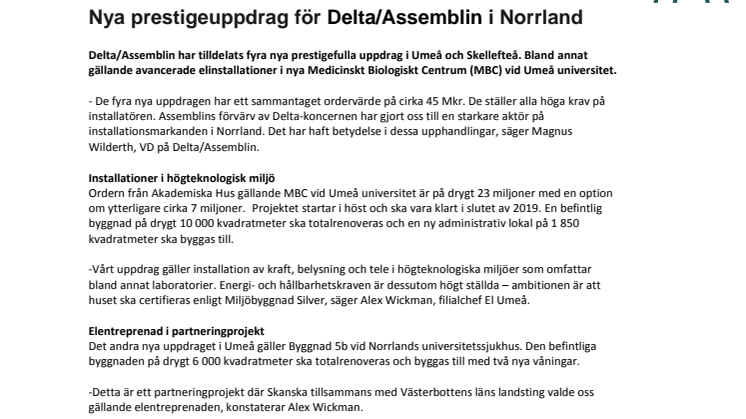 Nya prestigeuppdrag för Delta/Assemblin i Norrland