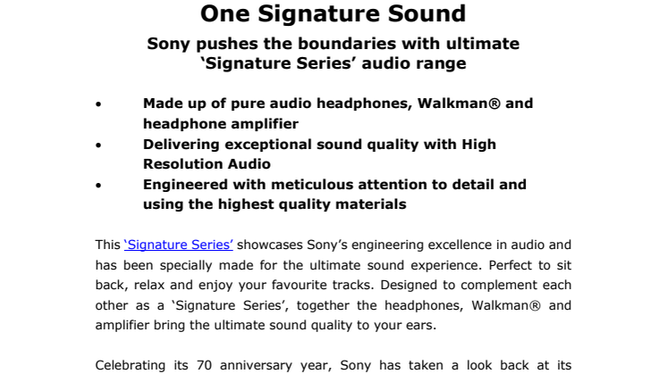 Sony Signature Sound - Sony tänjer på gränserna med sitt  ‘Signature Series’ audio-segment 
