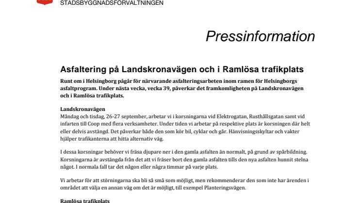 ​Asfaltering på Landskronavägen och i Ramlösa trafikplats under nästa vecka