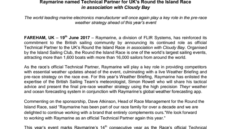 Raymarine: Raymarine named Technical Partner for UK’s Round the Island Race  in association with Cloudy Bay