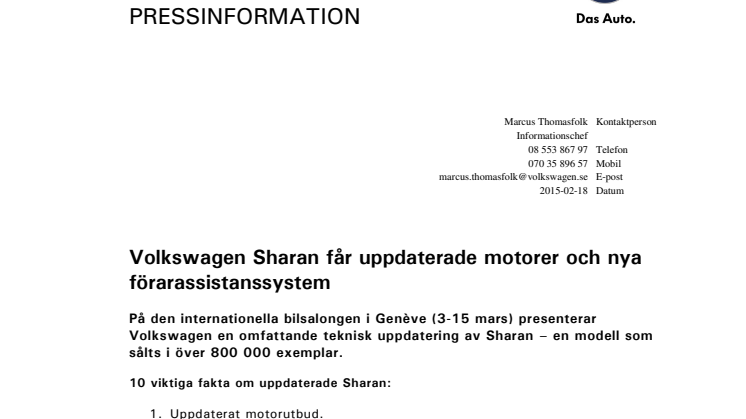 Volkswagen Sharan får uppdaterade motorer och nya förarassistanssystem