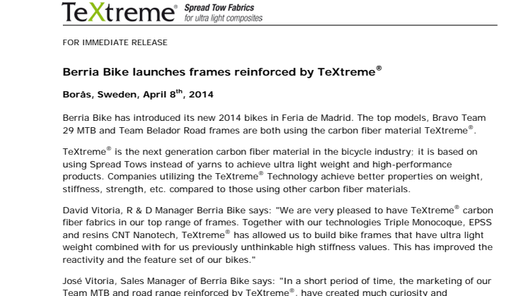 Berria Bike launches frames reinforced by TeXtreme®