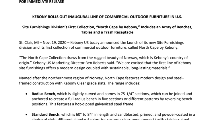 KEBONY ROLLS OUT INAUGURAL LINE OF COMMERCIAL OUTDOOR FURNITURE IN U.S.