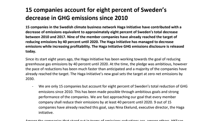 15 companies account for eight percent of Sweden’s decrease in GHG emissions since 2010 
