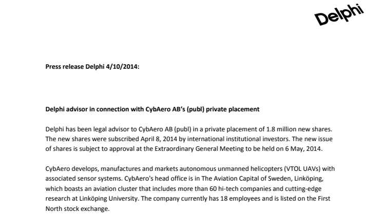 Delphi advisor in connection with CybAero AB’s (publ) private placement