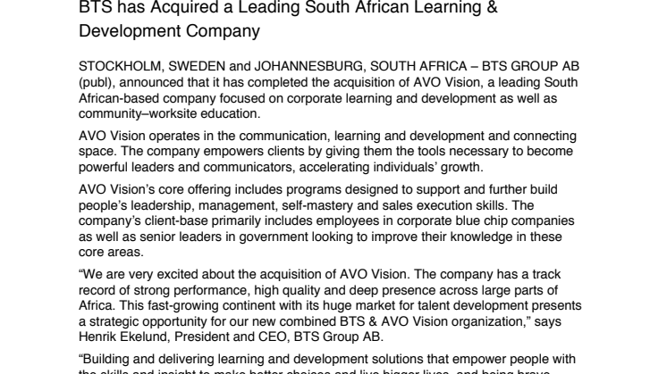 BTS has Acquired a Leading South African Learning & Development Company