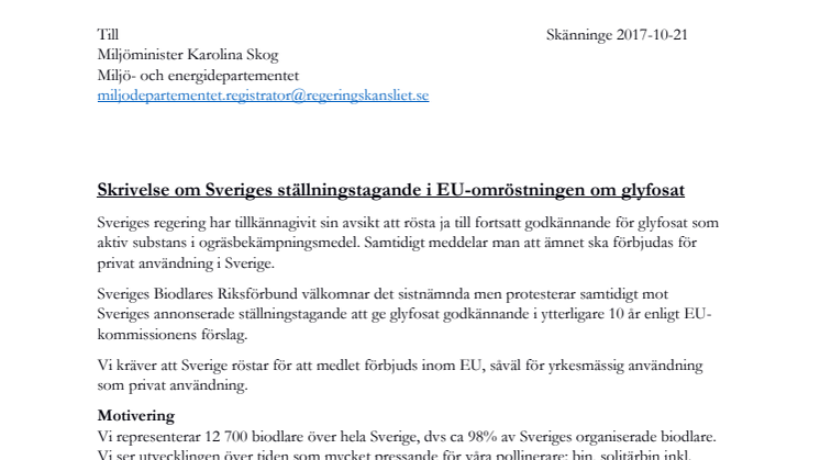 Skrivelse om Sveriges ställningstagande i EU-omröstningen om glyfosat