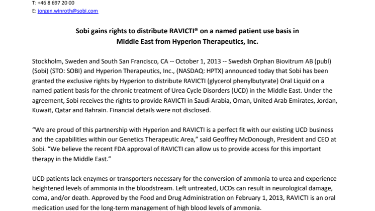 Sobi gains rights to distribute Ravicti® on a named patient use basis in Middle East from Hyperion Therapeutics, Inc.