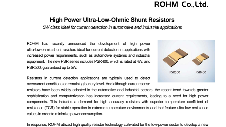 ROHM Semiconductor's High Power Ultra-Low-Ohmic Shunt Resistors: 5W class ideal for current detection in automotive and industrial applications