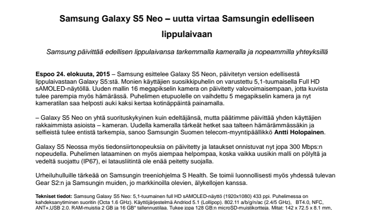 ​Samsung Galaxy S5 Neo – uutta virtaa Samsungin edelliseen lippulaivaan