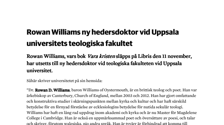 Rowan Williams ny hedersdoktor vid Uppsala universitet