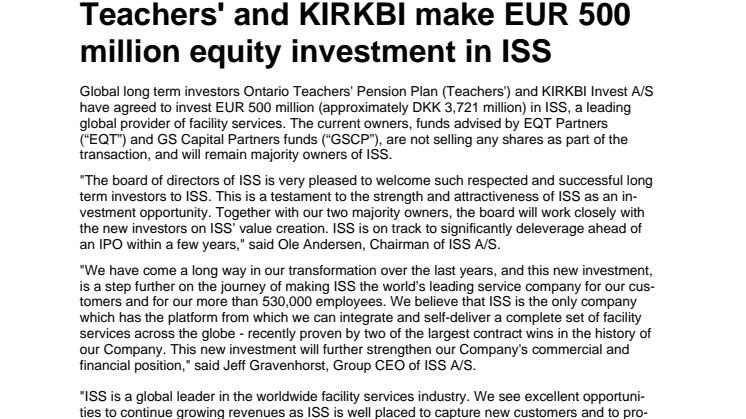 Teachers' and KIRKBI make EUR 500 million equity investment in ISS