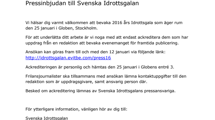 Pressinbjudan ackreditering Svenska Idrottsgalan