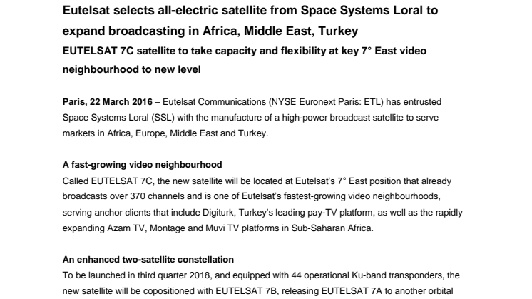 Eutelsat selects all-electric satellite from Space Systems Loral to expand broadcasting in Africa, Middle East, Turkey 