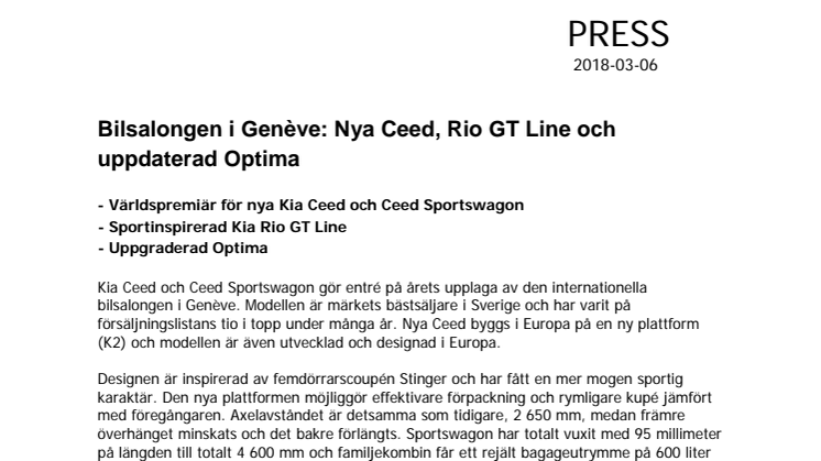 Kia på bilsalongen i Genève: Nya Ceed, Rio GT Line & uppdaterad Optima