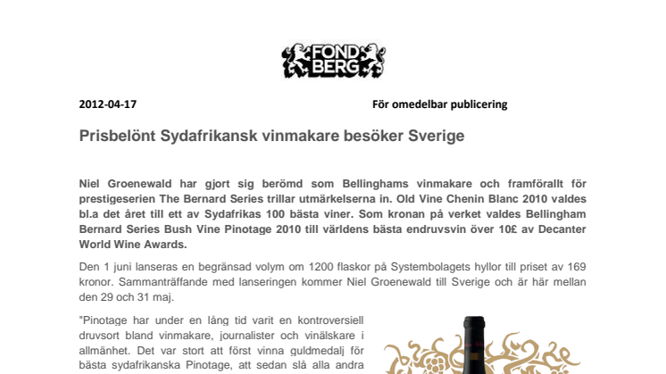 Prisbelönt Sydafrikansk vinmakare kommer till Sverige